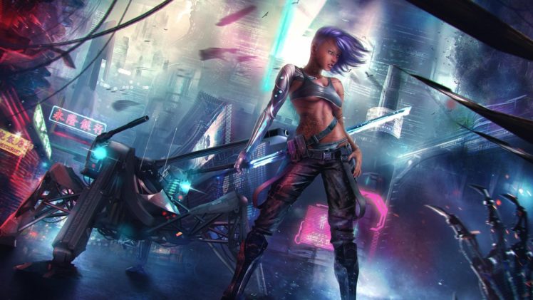 cyberpunk,  , Warrior, Girl, Sword HD Wallpaper Desktop Background