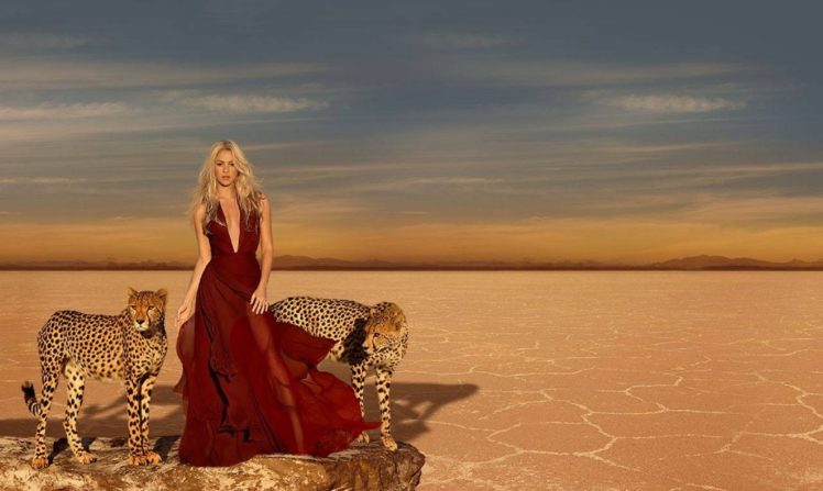 gown, Red, Girl, Beautiful, Dress, Woman, Shakira, Cheetahs, Photography, Photoshoot, Desert, Singer, Beauty, Female HD Wallpaper Desktop Background