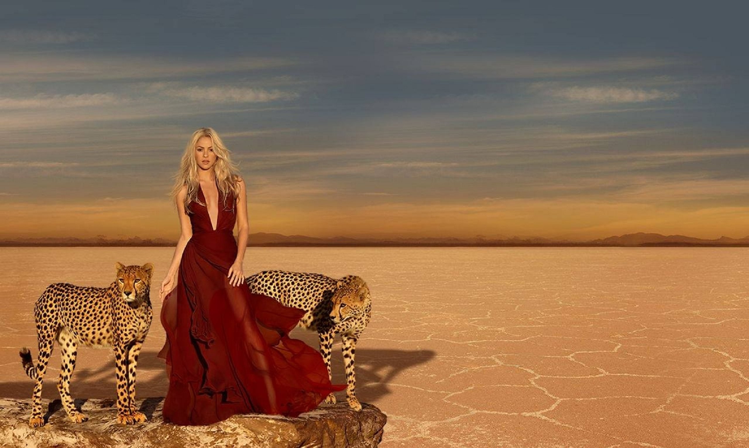 gown, Red, Girl, Beautiful, Dress, Woman, Shakira, Cheetahs, Photography, Photoshoot, Desert, Singer, Beauty, Female Wallpaper