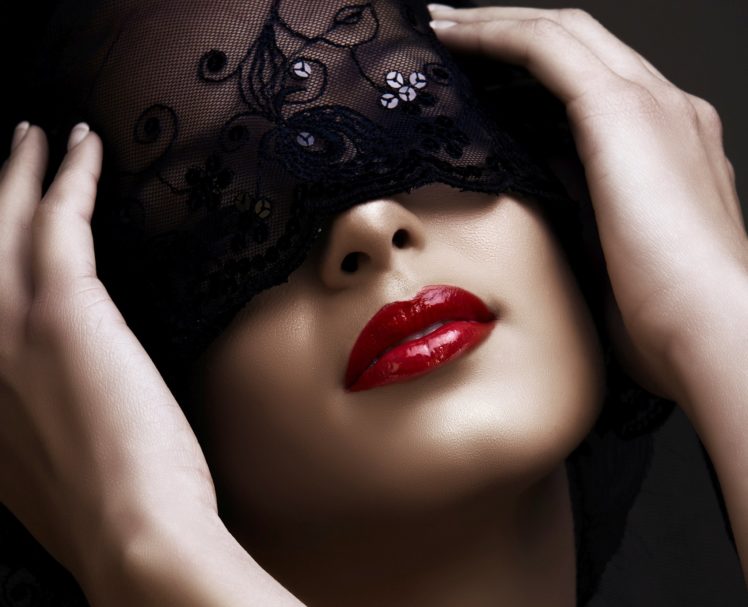red, Mask, Face, Beautiful, Woman, Lace, Lips, Brunette, Kiss ...