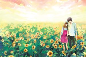 garden, Sun, Light, Couple, Flower, Sunflowers, Pink, Dress, Girl, Boy
