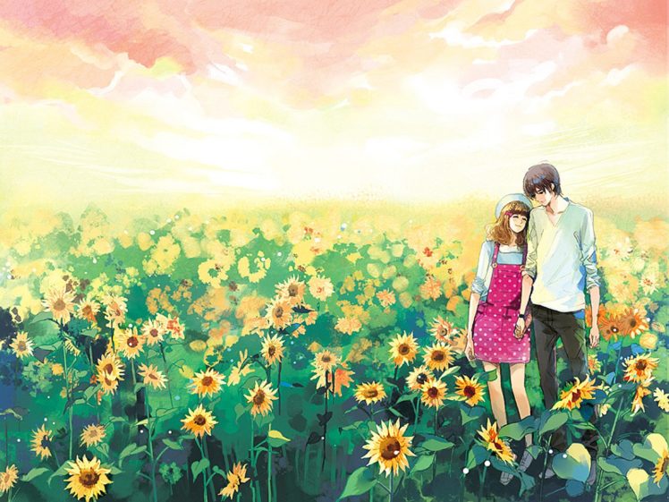 garden, Sun, Light, Couple, Flower, Sunflowers, Pink, Dress, Girl, Boy HD Wallpaper Desktop Background