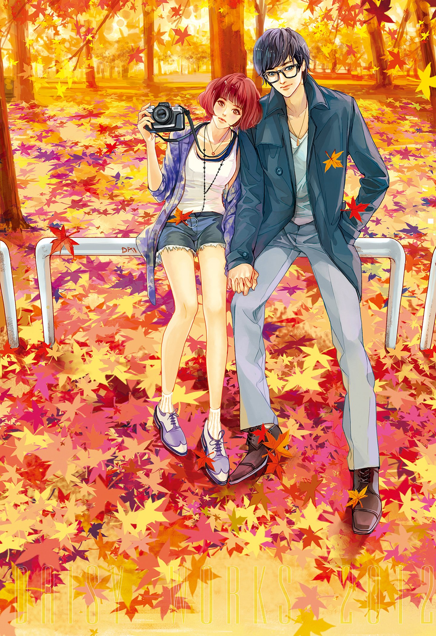 autumn, Yellow, Red, Leaves, Camera, Couple, Girl, Boy, Short, Hair, Glasses Wallpaper