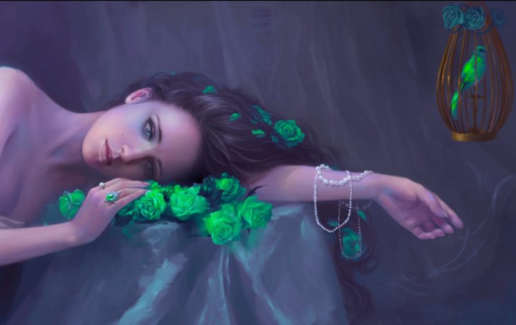 lovely, Art, Photoshop, Roses, Wallpaper, Beautiful, Bird, Green, Woman, Girl, Cg, Digital, Fantasy HD Wallpaper Desktop Background