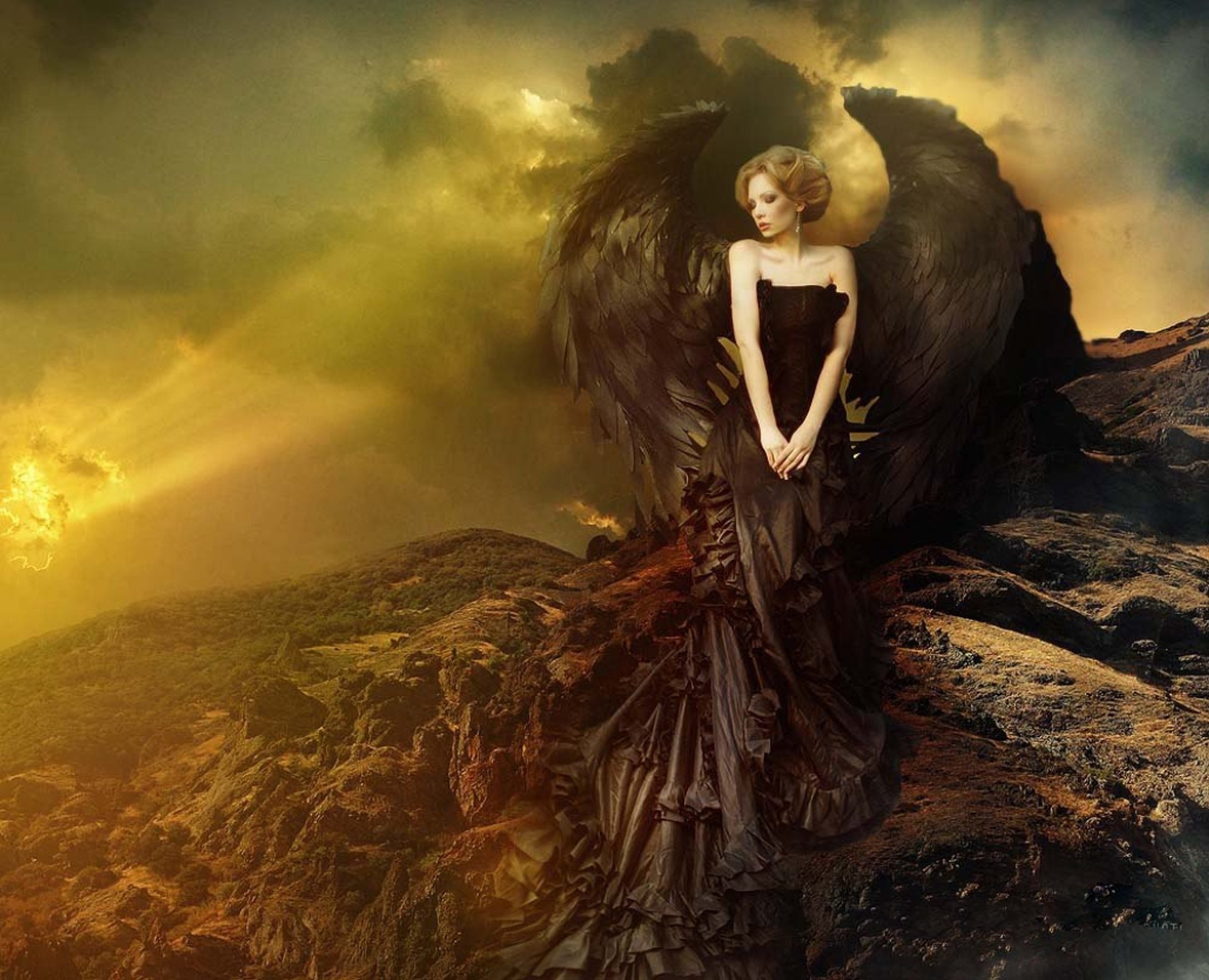 angel, Wings, Model, Black, Fantasy Wallpaper