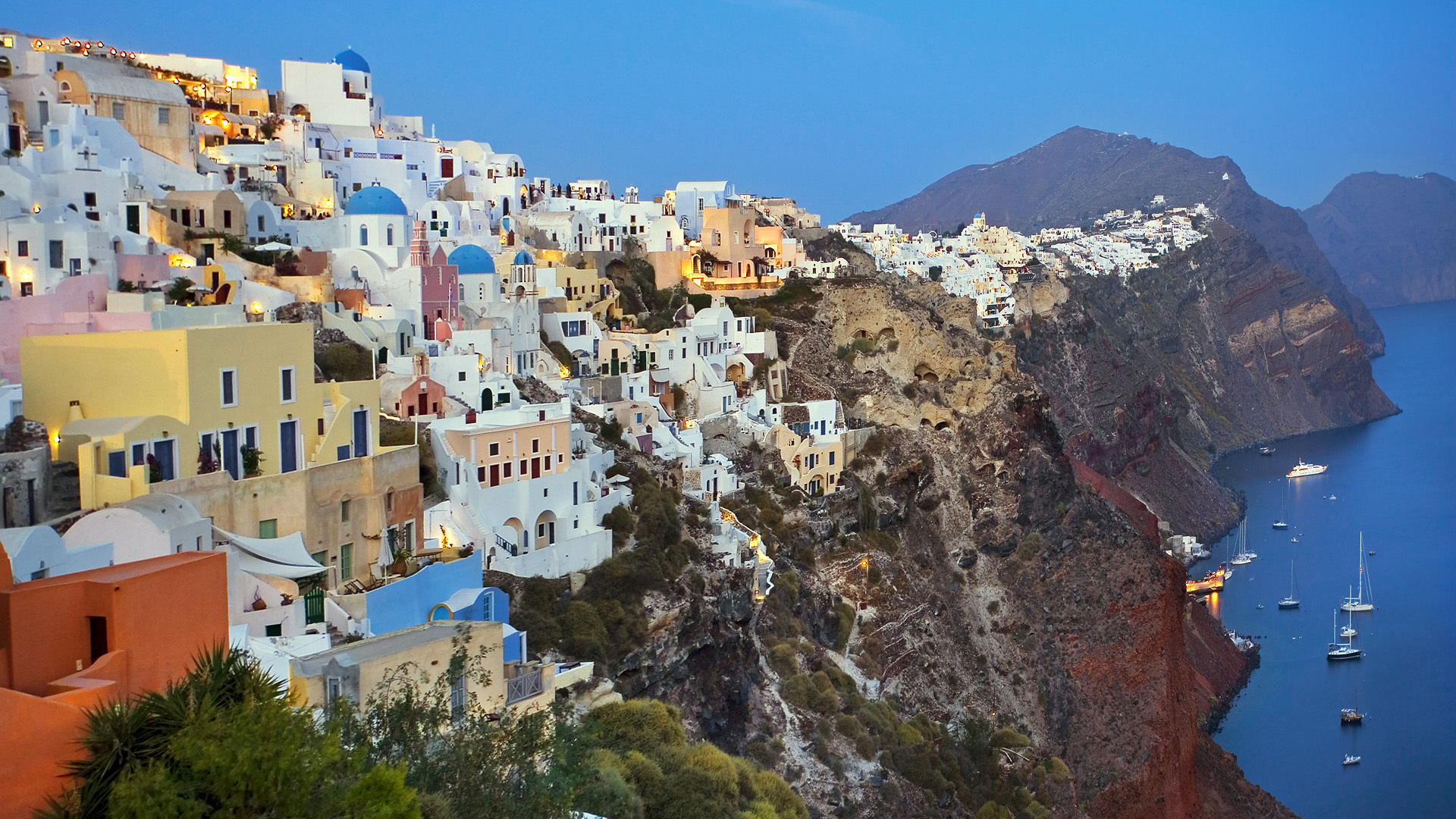 santorini, Greece, Landscapes, Buildings, Architecture, Cliff, Mountains, Boats, Ship, Ocean, Houses Wallpaper