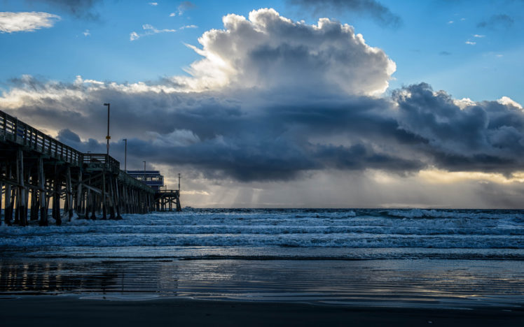 pier, Ocean, Clouds, Beach, Waves HD Wallpaper Desktop Background