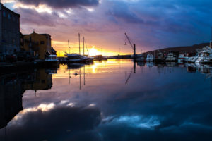 sunset, Boats, Reflection, Harbor, Buildings