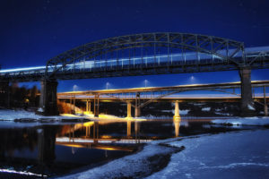bridge, Night, Reflection, Snow, Winter, Timelapse, River