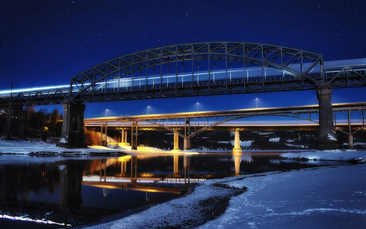 bridge, Night, Reflection, Snow, Winter, Timelapse, River HD Wallpaper Desktop Background