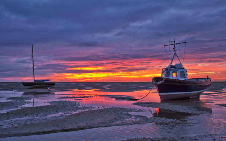 sea, Sunset, Shallow, Ships, Landscape, Beaches, Ocean, Sky, Boats, Reflection HD Wallpaper Desktop Background
