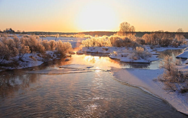 winter, Frost, Nature, River, Sunrise, Sunset, Sky HD Wallpaper Desktop Background