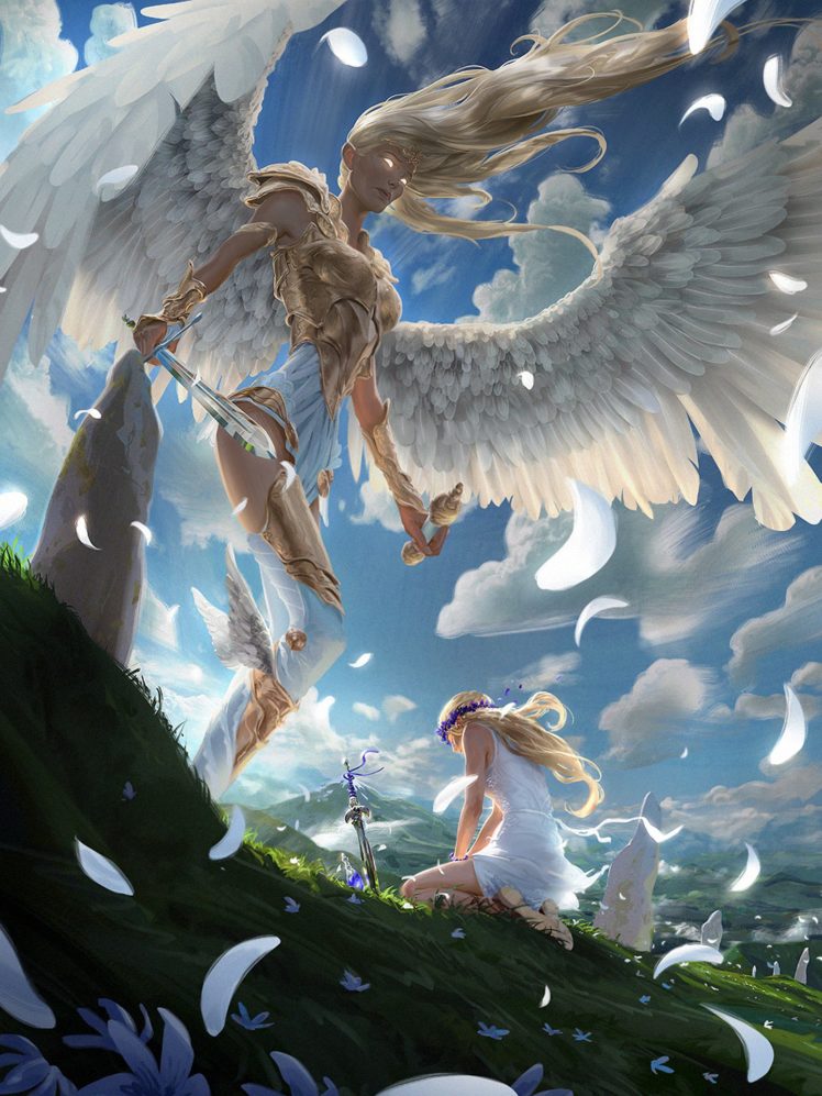 angel, Big, Feather, Wings, Blue, Sky, Cloud, Sword, Amazing, Fantasy HD Wallpaper Desktop Background