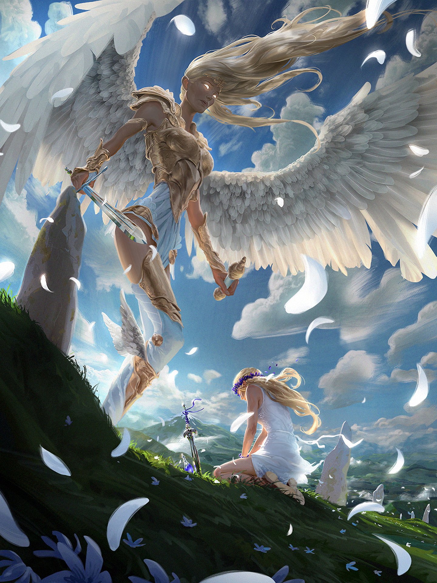 angel, Big, Feather, Wings, Blue, Sky, Cloud, Sword, Amazing, Fantasy Wallpaper
