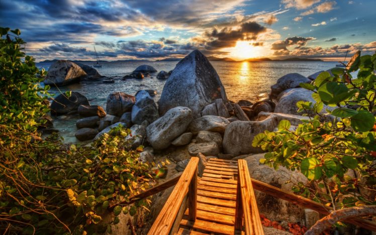 coast, Rocks, Sea, Sunset, Caribbean, Branches, Leaves, Clouds, Beaches, Hdr HD Wallpaper Desktop Background