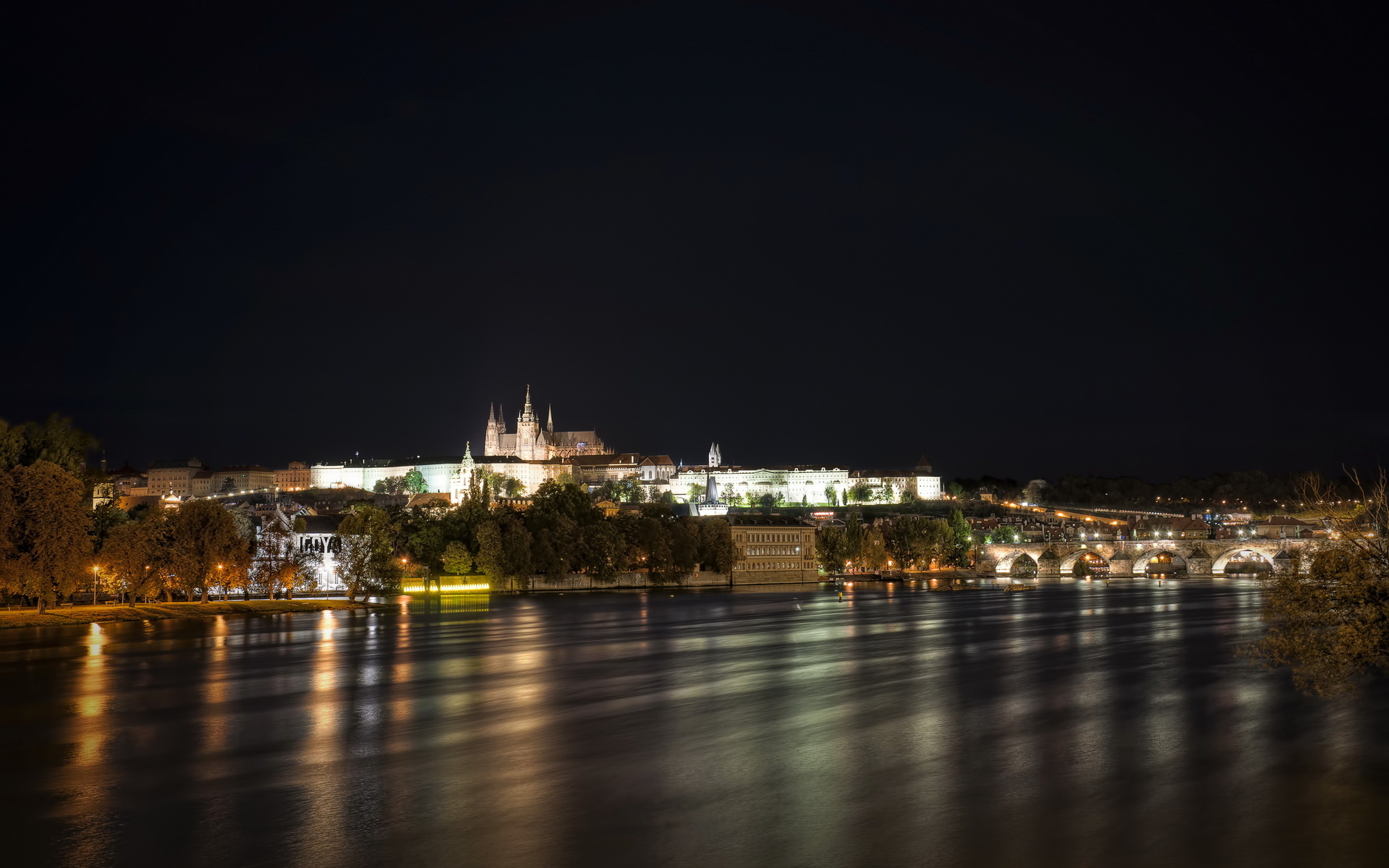 czech, Republic, River, Prague, Night, City, Buildings, Cities, Cathedral, Rivers, Bridges Wallpaper