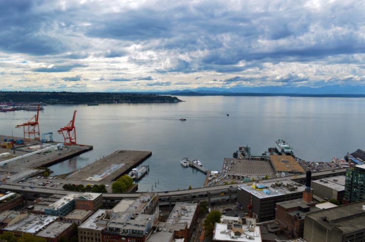 architecture, Bridges, Buildings, Cities, City, Downtown, Night, Offices, Storehouses, Stores, Towers, Usa, Docks, Port, Art, Seattle, Washington, Queen city, Jet city, Monorail HD Wallpaper Desktop Background