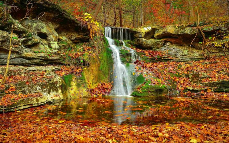 waterfall, Autumn, Lovely, Stream, Fall, Nature, Leaves, Beautiful, Rocks, Serenity, Forest, Colorful, Foliage HD Wallpaper Desktop Background