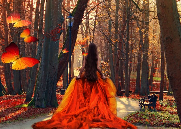 trees, Leaves, Long, Hair, Orange, Season, Brunette, Long, Dress, Butterflies, Lady, Beauty, Girl, Park, Autumn HD Wallpaper Desktop Background