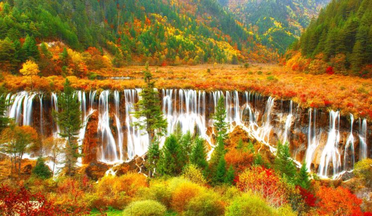 colorful, Nature, Cascades, Beautiful, Autumn, View, Mountain, Waterfall, Trees, Foliage HD Wallpaper Desktop Background