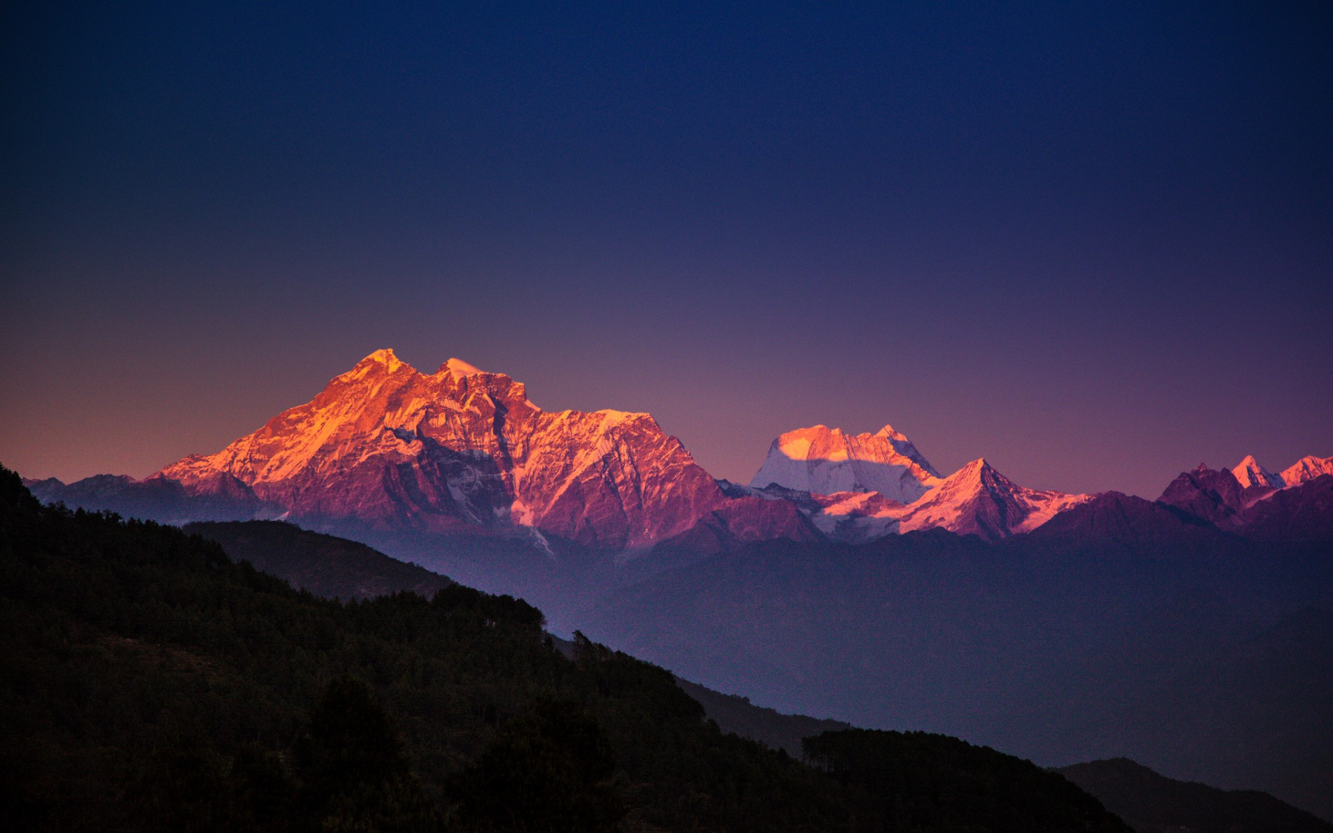 nepal, Himalayas, Mountains, Trees, Evening, Blue, Sky Wallpaper