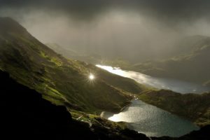 lakes, Mountains, Sun, Reflection, Fog, Clouds