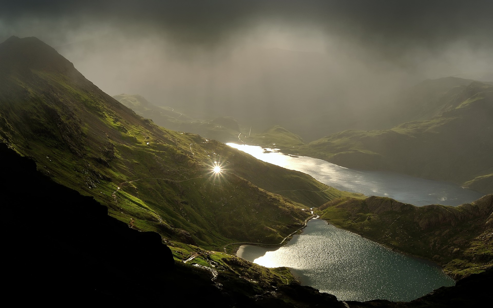 lakes, Mountains, Sun, Reflection, Fog, Clouds Wallpaper