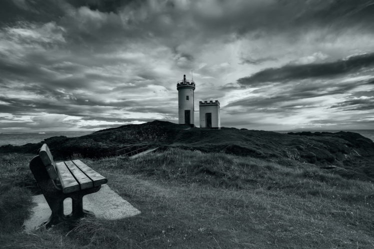 lighthouse, Sea, Bench, Landscape, Sky, Clouds, Black, White HD Wallpaper Desktop Background