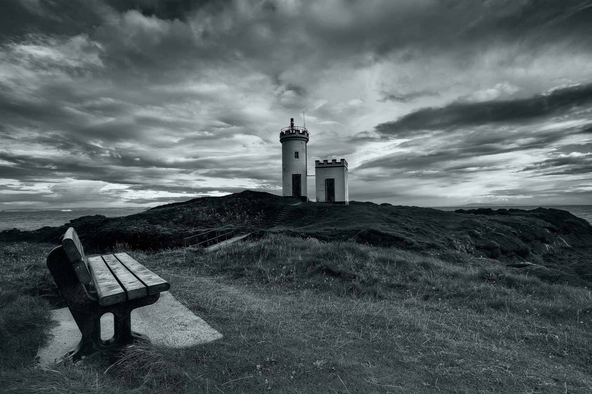 lighthouse, Sea, Bench, Landscape, Sky, Clouds, Black, White Wallpaper