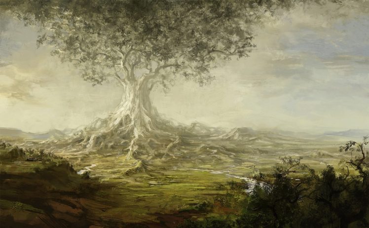 tree, Giant, Valley, River, Roots, Art, Paintings, Landscapes HD Wallpaper Desktop Background