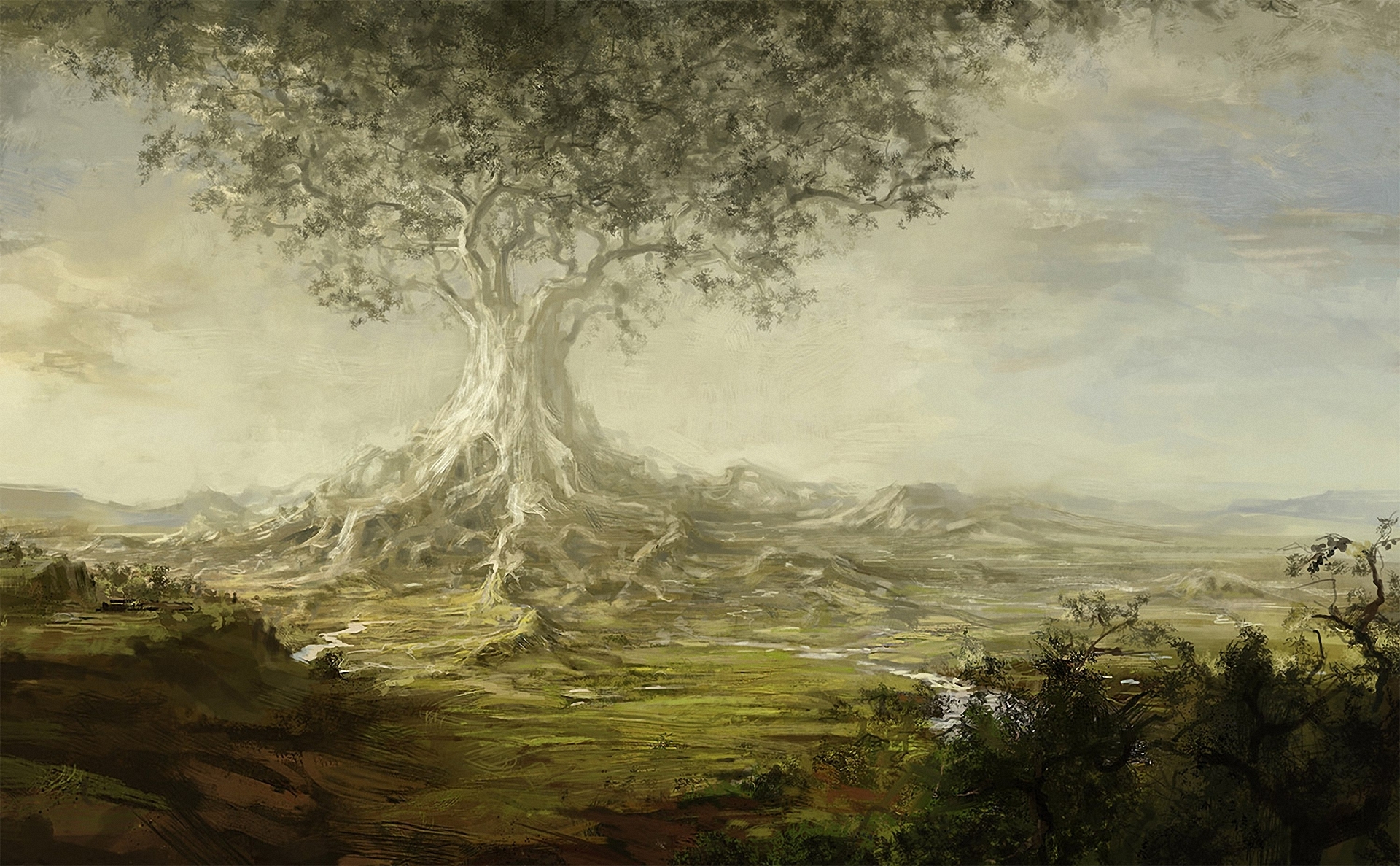 tree, Giant, Valley, River, Roots, Art, Paintings, Landscapes Wallpaper