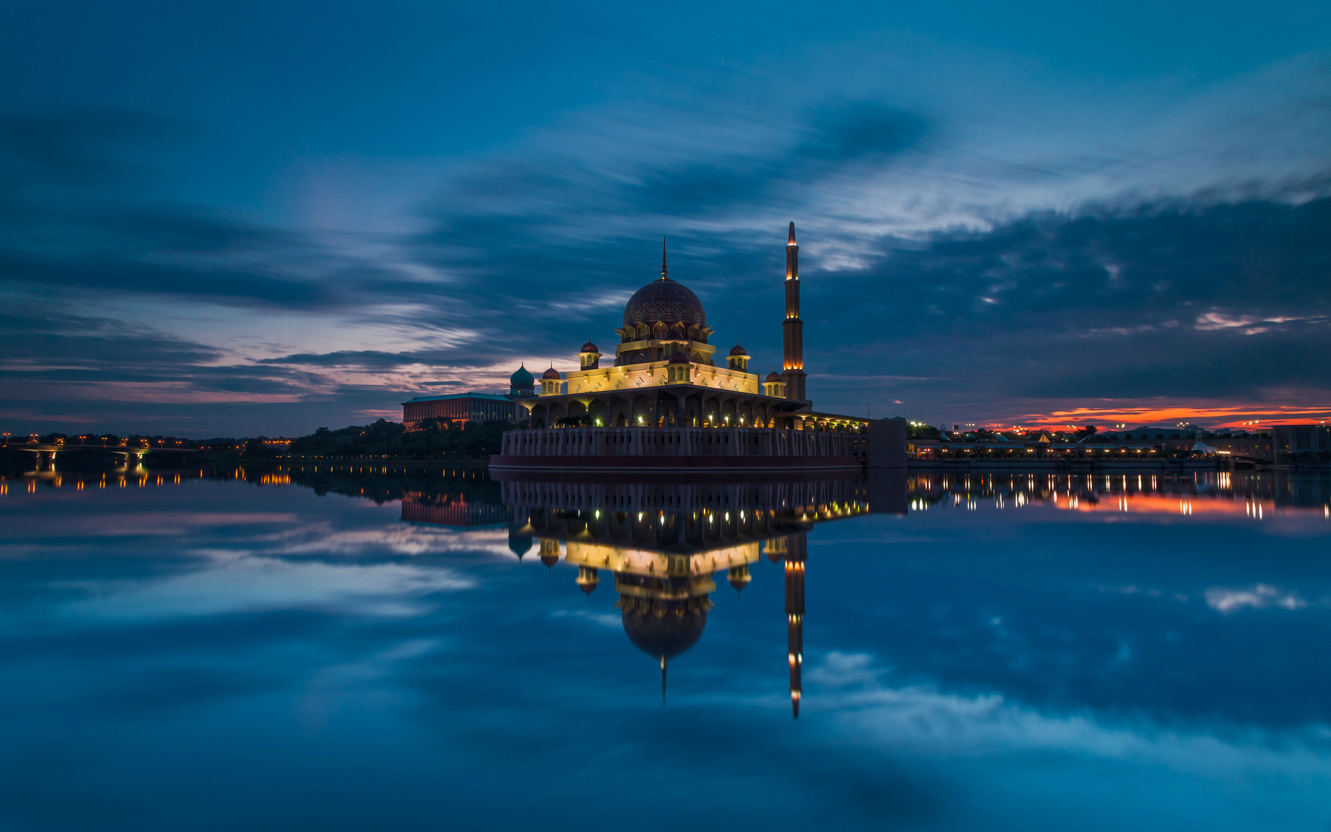 putrajaya, Mosque, Sunset, Clouds, Malaysia, Buildings, Water, Reflection, Sky Wallpaper