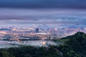 china, Taiwan, Taipei, City, Dawn, Morning, Blue, Sky, Clouds, Fog, Smoke, Lights, Lighting, Trees, Hills, Towers, Wires, Type, Height, Panorama, Buildings
