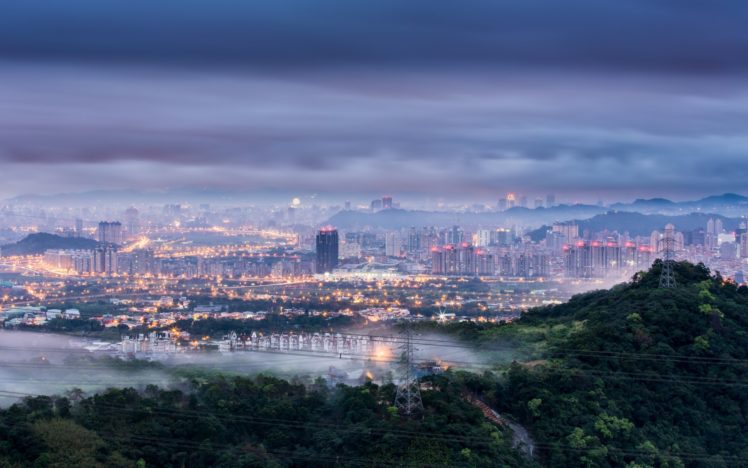 china, Taiwan, Taipei, City, Dawn, Morning, Blue, Sky, Clouds, Fog, Smoke, Lights, Lighting, Trees, Hills, Towers, Wires, Type, Height, Panorama, Buildings HD Wallpaper Desktop Background
