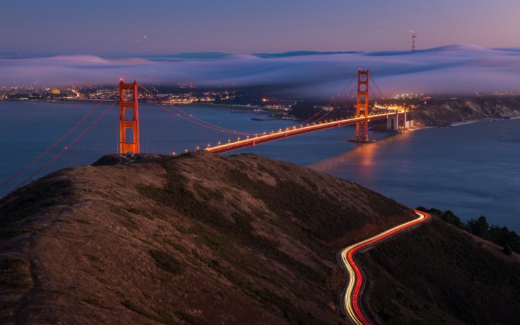 city, Aeyaey, Night, Bridge, Water, Bay, San, Francisco, Fog, Cities, Roads HD Wallpaper Desktop Background