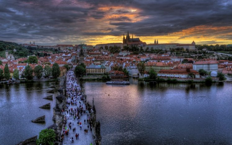 czech, Republic, Praha, Charles, Bridge, Prague, Buildings, Cities, Crowd, People, Rivers, Sunset HD Wallpaper Desktop Background