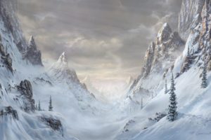 art, Paintings, Mountains, Forest, Art, Rocks, Nature, Trees, Snow, Spruce, Winter, Landscape