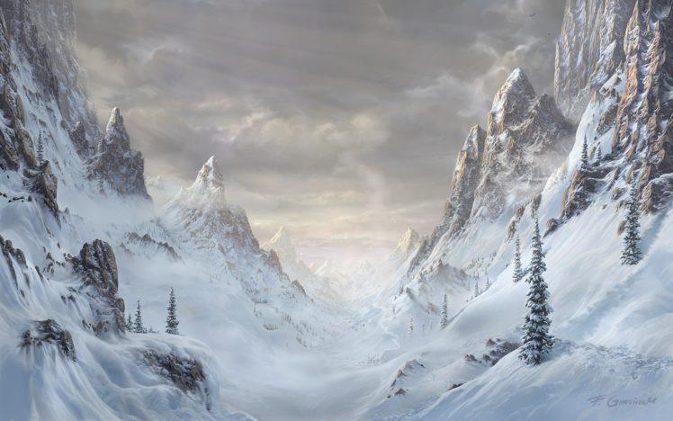 art, Paintings, Mountains, Forest, Art, Rocks, Nature, Trees, Snow, Spruce, Winter, Landscape HD Wallpaper Desktop Background