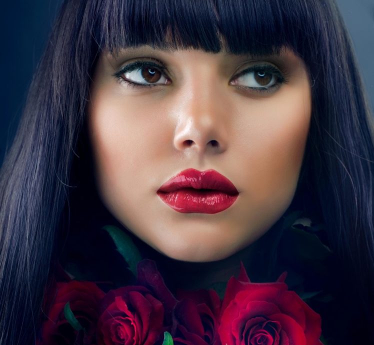 red, Lovely, Beautiful, Woman, Makeup, Hair, People, Red, Roses, Pretty, Brunette, Female, Beauty, Roses, Girl, Face, Red, Lips, Red, Rose, Photography, Eyes, Lips, Rose HD Wallpaper Desktop Background