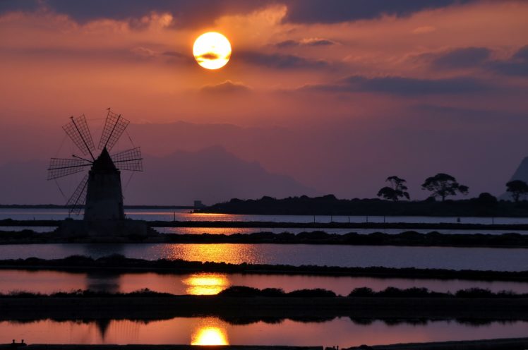 wind, Mill, Sunset, Landscape, Water, Tree, Forest, Sea, Red, Cloud HD Wallpaper Desktop Background