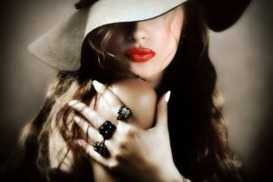 girl, Lipstick, Red, Lips, Hat, Hand, Ring