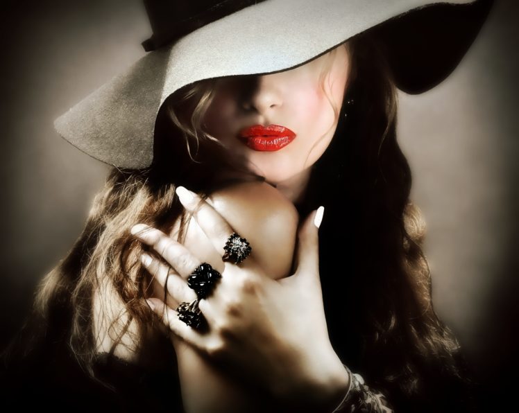 girl, Lipstick, Red, Lips, Hat, Hand, Ring HD Wallpaper Desktop Background