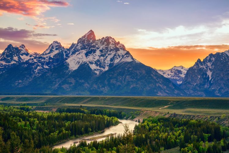 usa, Wyoming, Mountains, River, Forest, Sunset, Sunrise HD Wallpaper Desktop Background