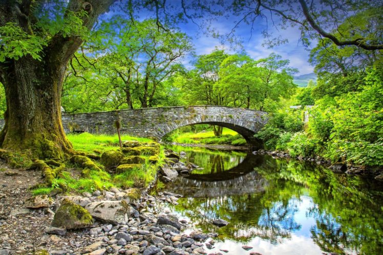 river, Bridge, Rocks, Trees, Landscape, Reflection HD Wallpaper Desktop Background