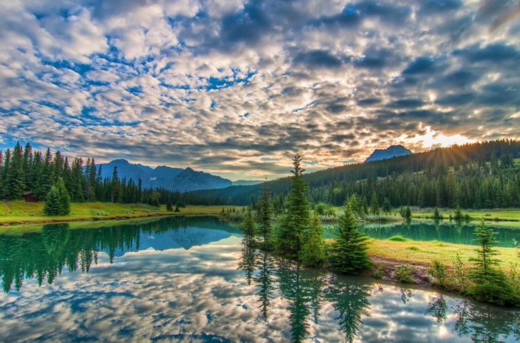 banff, National, Park, Sunset, Lake, Mountains, Trees, Landscape, Reflection, Clouds HD Wallpaper Desktop Background