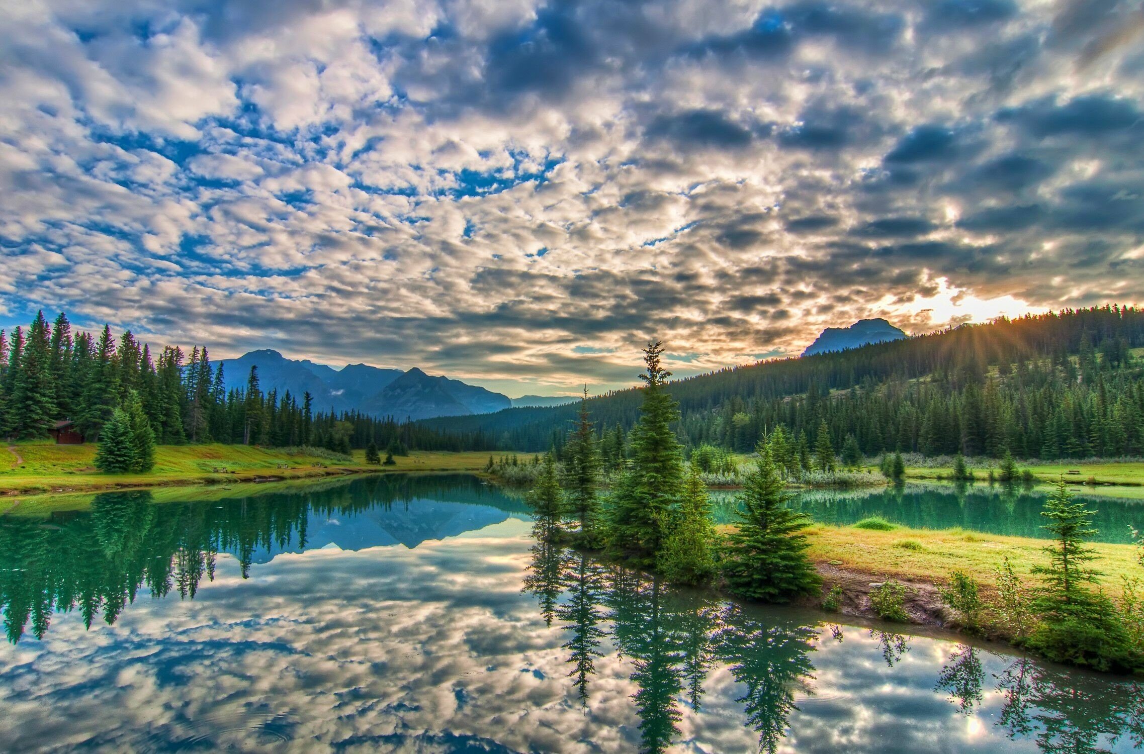 banff, National, Park, Sunset, Lake, Mountains, Trees, Landscape, Reflection, Clouds Wallpaper