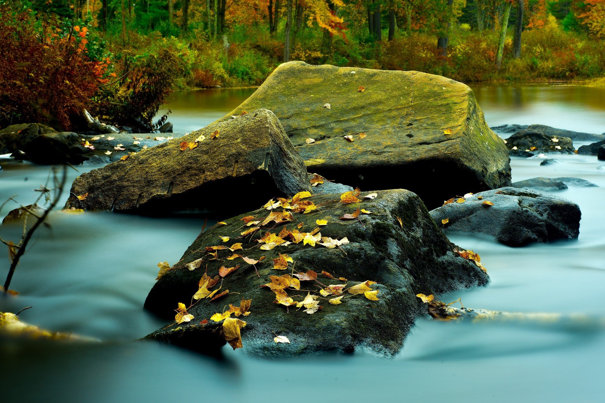 landscape, Stone, Autumn, River, Leaves, United, States, New, Hampshire Wallpaper
