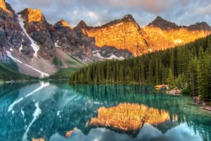 moraine, Lake, Canada, Alberta, Mountains, Forest, Reflection