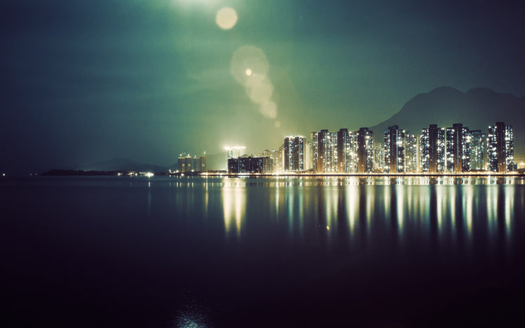 buildings, Skyscrapers, Ocean, Night HD Wallpaper Desktop Background