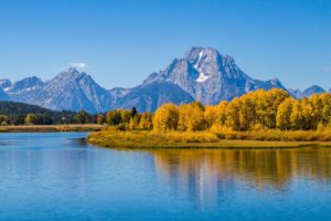 reflection, Forest, Mount, Moran, Grand, Teton, Wyoming, Riber, Mountains, Autumn